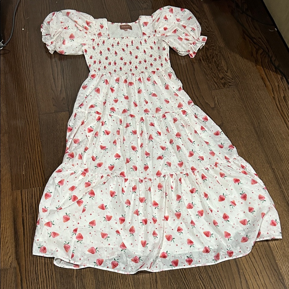 JessaKae White and Pink strawberry ZTA puff sleeve rouched bodice dress sz L - Picture 3 of 4
